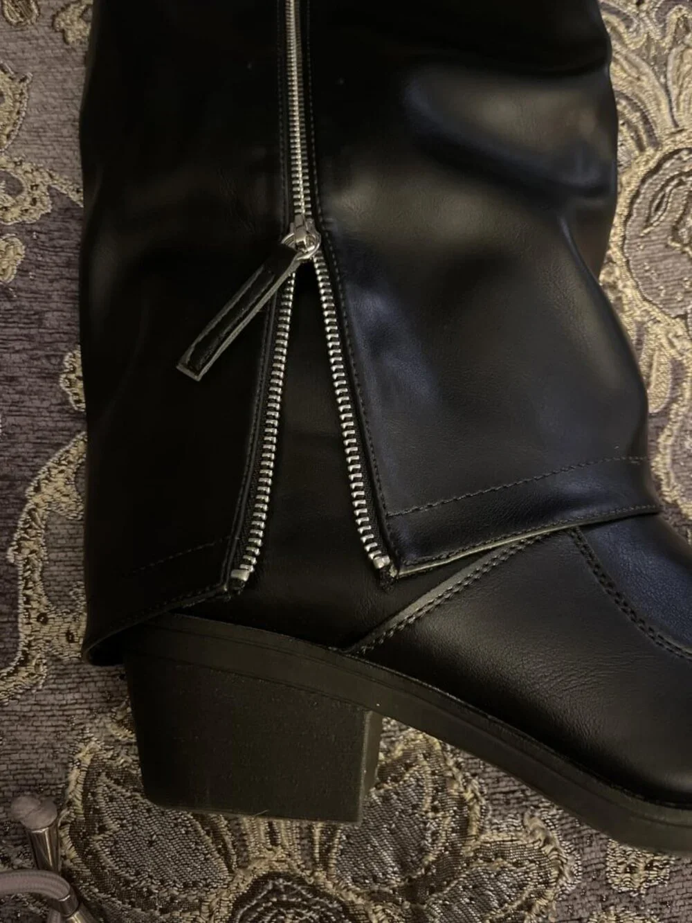 Women's Black pu Manmade Knee High Fold Over Studded Chunky Heel Shark Boots